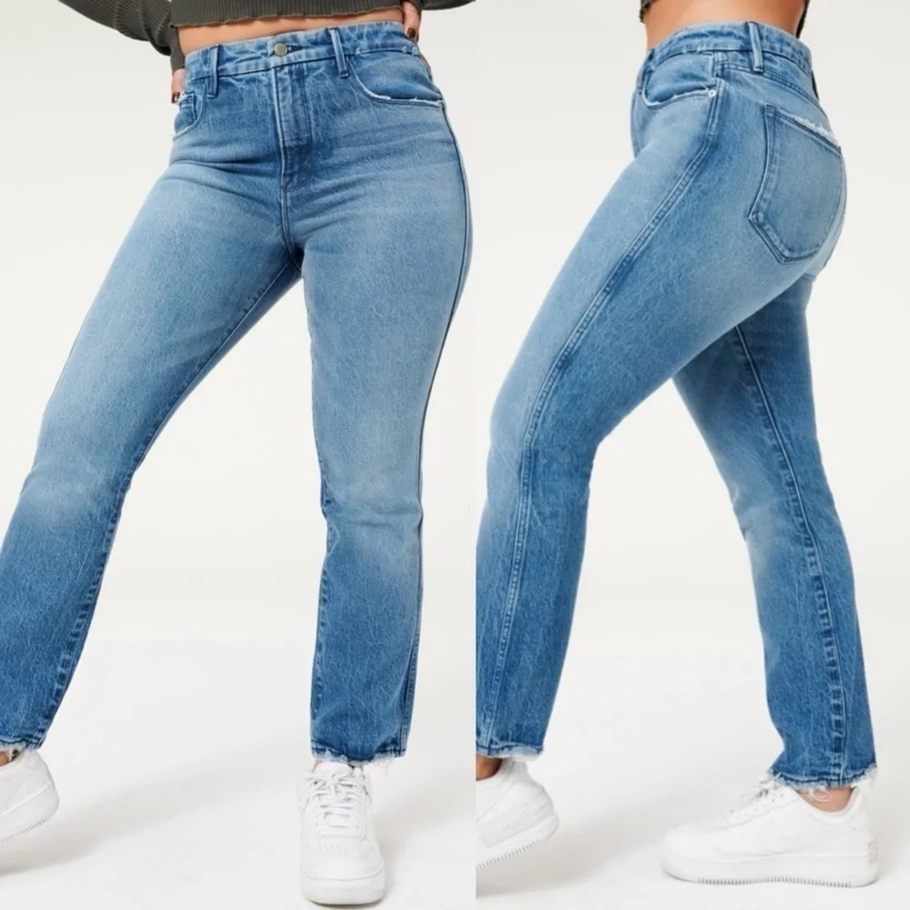 NEW GOOD AMERICAN Good Curve Straight Blue 858 Straight Leg Stretch Comfy Jeans